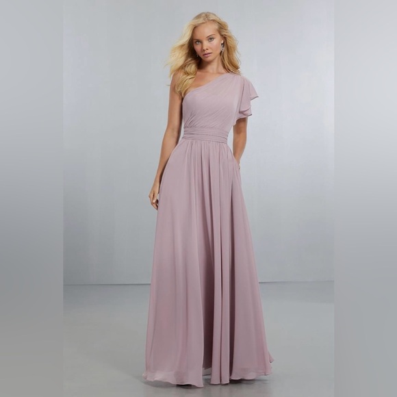 Mori Lee One-Shoulder Dress in Rose wood pink - Picture 2 of 16